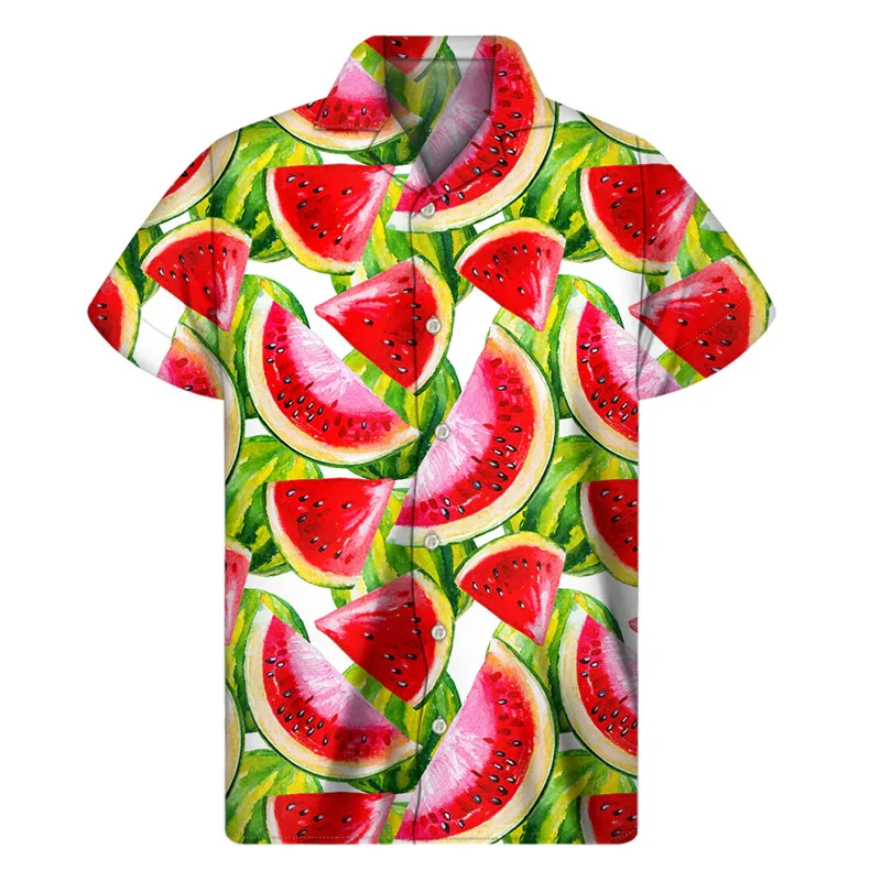thumbnail image 1 of Camisa hawaiana con estampado de sandía tropical, camisa de verano de calle de manga corta con botones y estampado 3D de frutas, ropa para hombre, blusa con solapa, 1 of 4