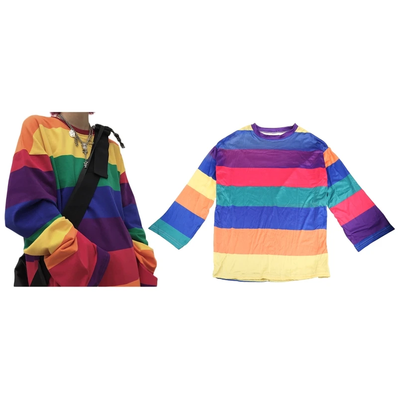 

Women Long Sleeve O-Neck for T Shirt Harajuku Rainbow Striped Printed Pullover Tunic Tops Hip Hop Oversized Loose Street P8DB