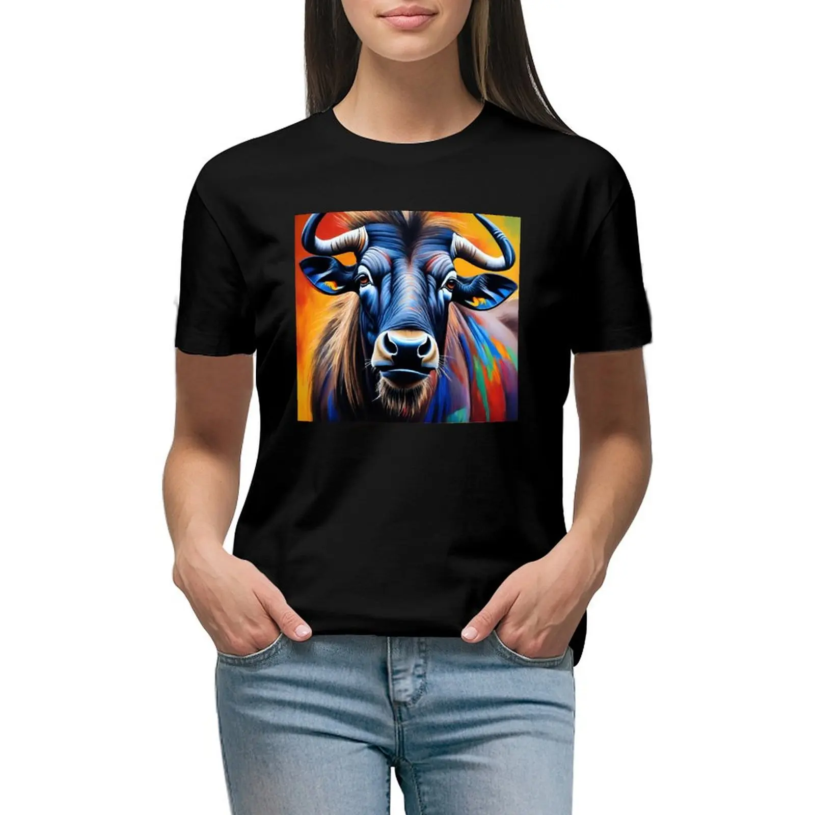 

Safari Animal Collection Colorful Wildebeest Painting T-shirt cute clothes funny t shirt for Women