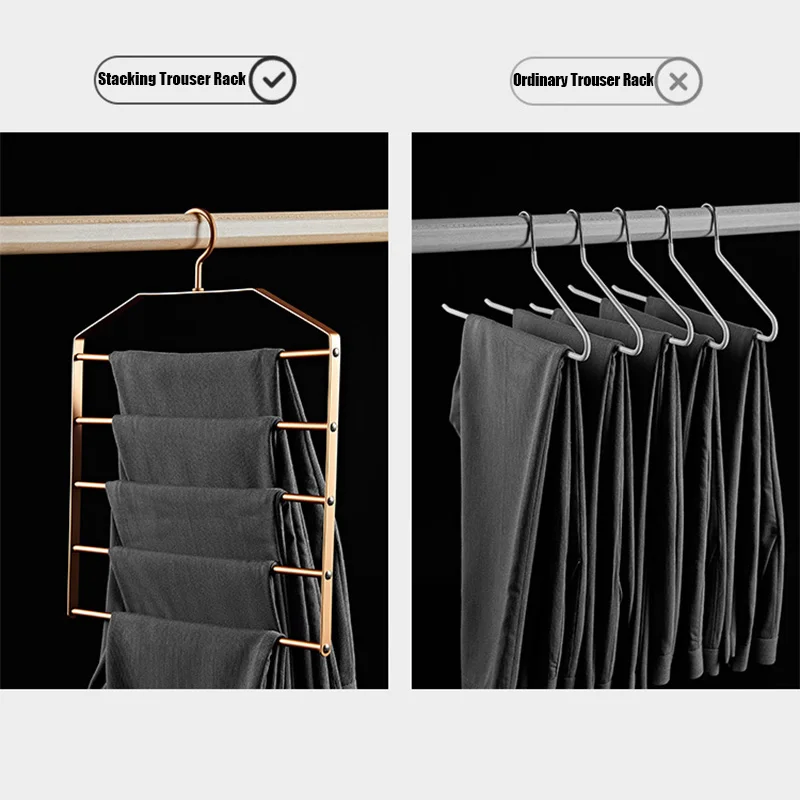 1pc 5 in 1 Gold Pant Hanger Multi-Layer Space Saving Storage Rack for Trouser Tie Slack Scarf Aluminum Alloy Closet Organizer storage rack desktop storage rack
