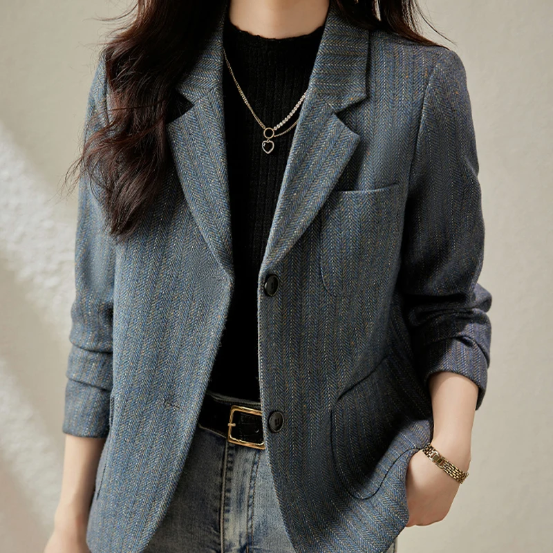 QoerliN 2023New Stripe Blazer Coat Women's Autumn Winter Fashion  Versatile Premium Woven Suit Long Sleeve Pocket Elegant OL Top