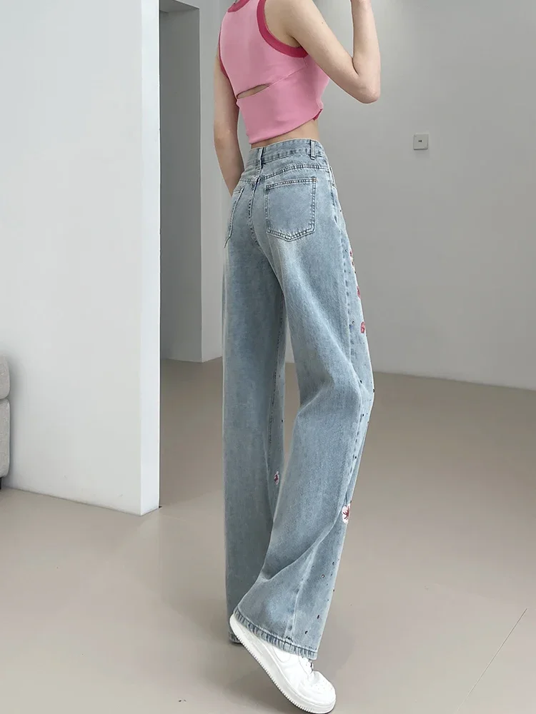 Summer Thin High Waist Narrow Straight-Leg Pants Embroidered Printed Wide Leg Jeans for Women