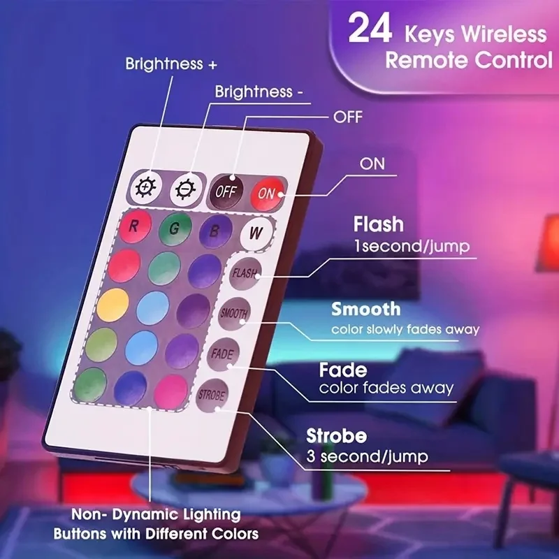 Vibrant RGB Color-Changing LED Strip Light with Music Sync and Remote Control