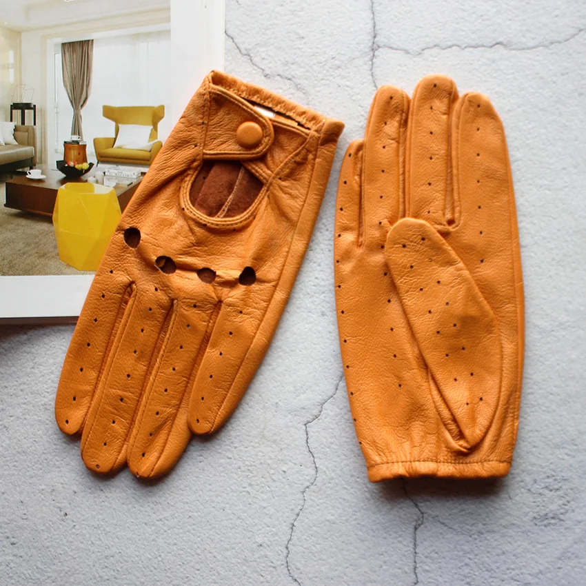 Women's Summer Full Finger Leather Gloves Breathable Single-Layer Sheepskin Fashionable Short Motorcycle Riding Gloves