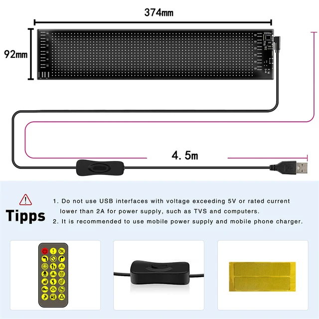 Panel LED flexible USB 5V RGB LED Car Sign Bluetooth App Control desplazamiento de texto de animación de pantalla de luz * COMPRA INTERNACIONAL* 5