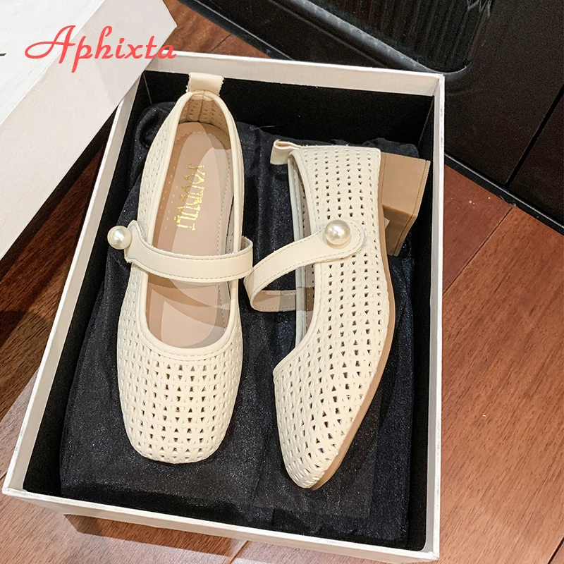 Aphixta 3.5cm Square Heels Women Mary Janes Shoes Hook Loop Pearls Weave Design Dress Shoes Breathable Med Heel Woman Shoes