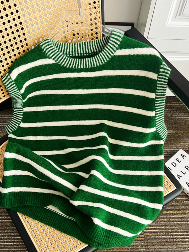 Vintage Contrast Color Green Striped Women Autumn Knitwear Vest Crewneck Sleeveless Office Lady