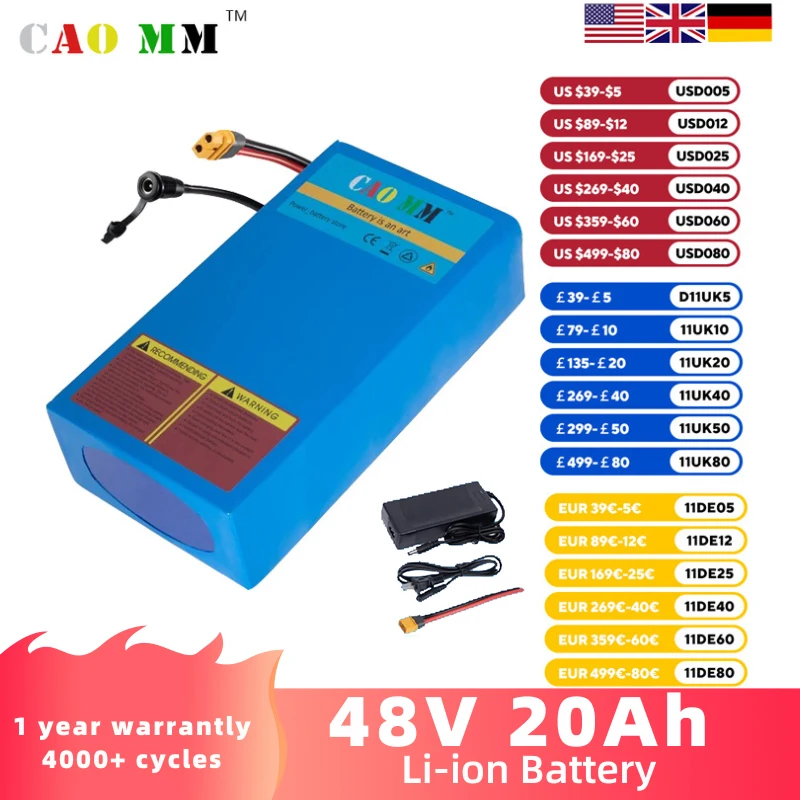 Lithium Battery Pack 36V 48V Electric Bike Lithium Battery Pack 8 10 20Ah Li ion Ebike Battery Bicycle Scooter Motorcycle Charger