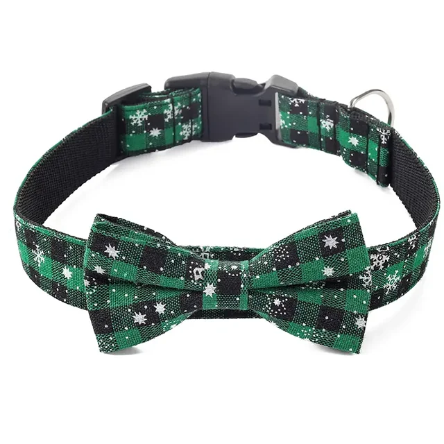 Festive Plaid Snowflake Bow Tie Dog Collar with Adjustable Buckle