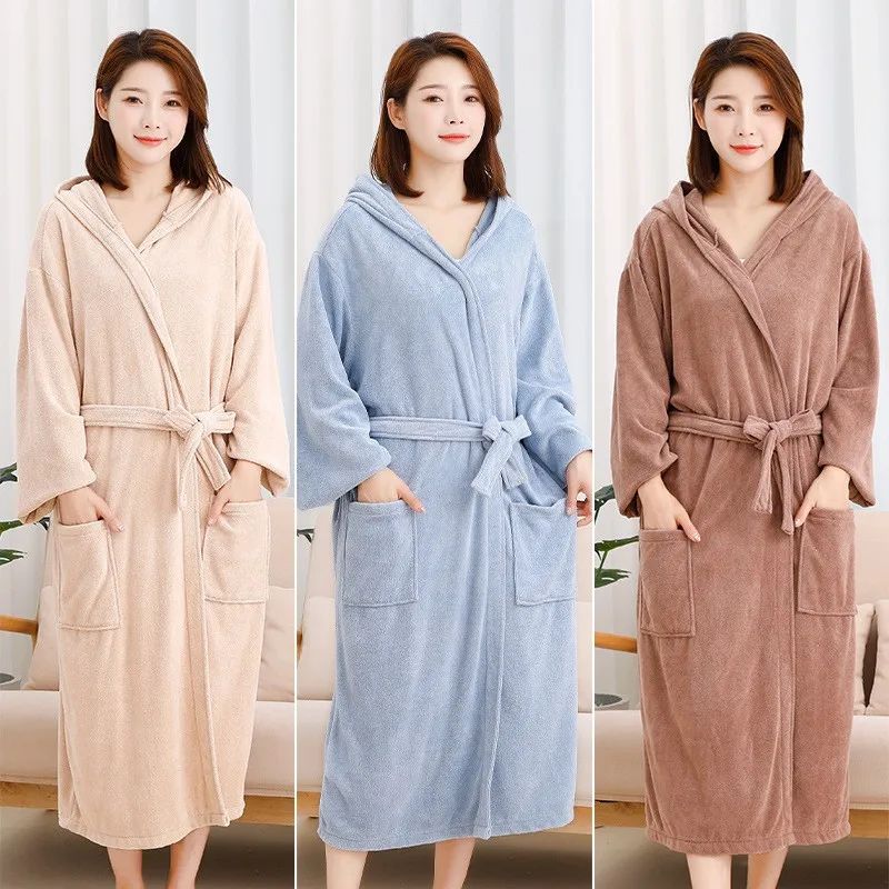Winter Thick Kimono Bathrobe Gown Sleepwear Couples Quick Dry Hooded Robe Nightwear Loose Men And Women Sauna Lounging Home Wear