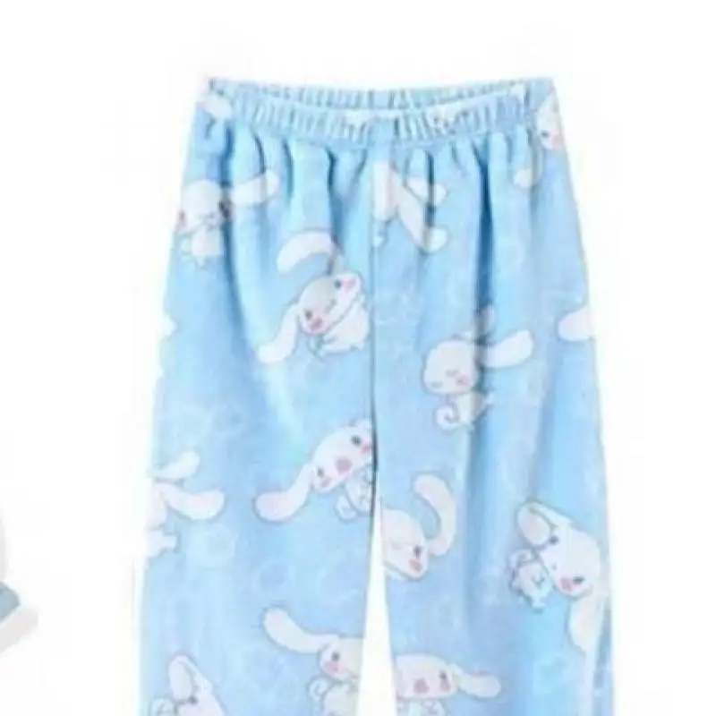 Pantalon pyjama bleu Kawaii Sanrio Y2K pour femmes, vêtement de maison doux, Harajuku, Kawaii, peluche douce, ample, flanelle