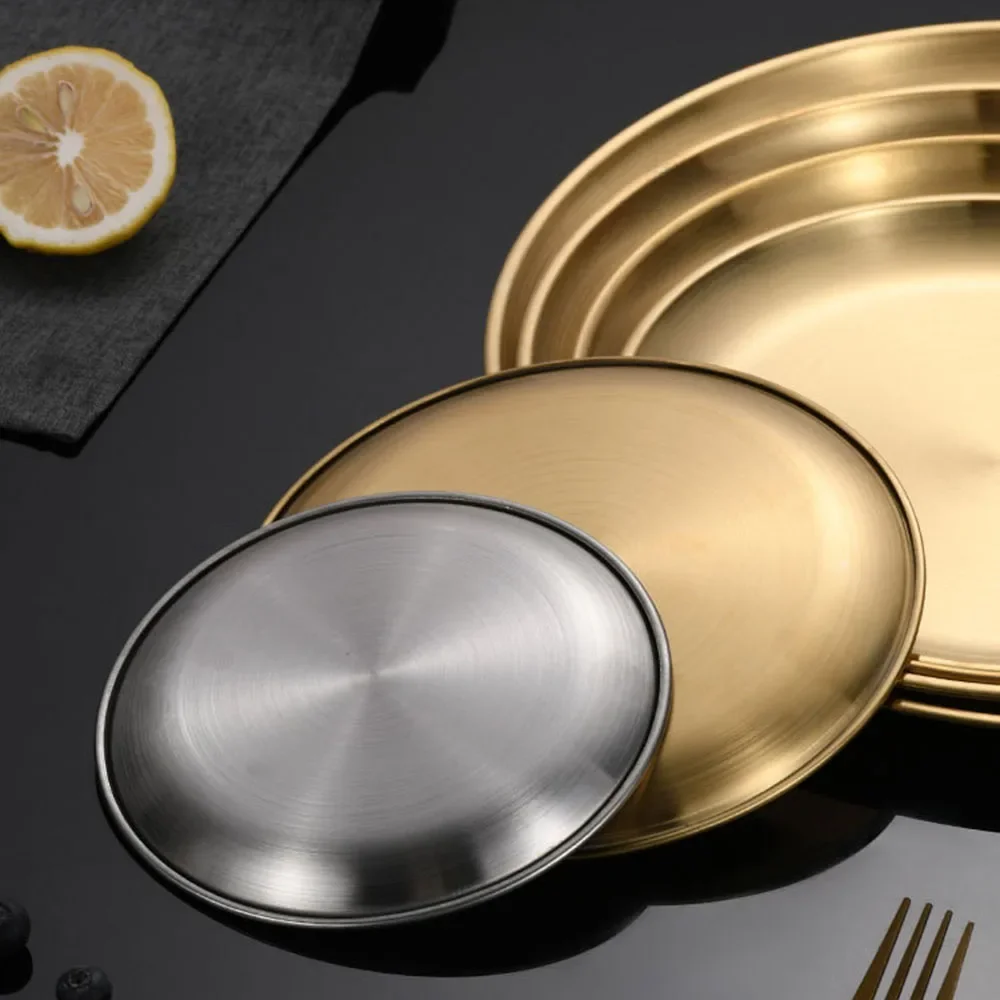 2Pcs/Set Thickened Stainless Steel Golden Round Fruit Plate Cake Plate Bone Tray BBQ Flat Bottom Shallow Tray dining dish cake plate stand