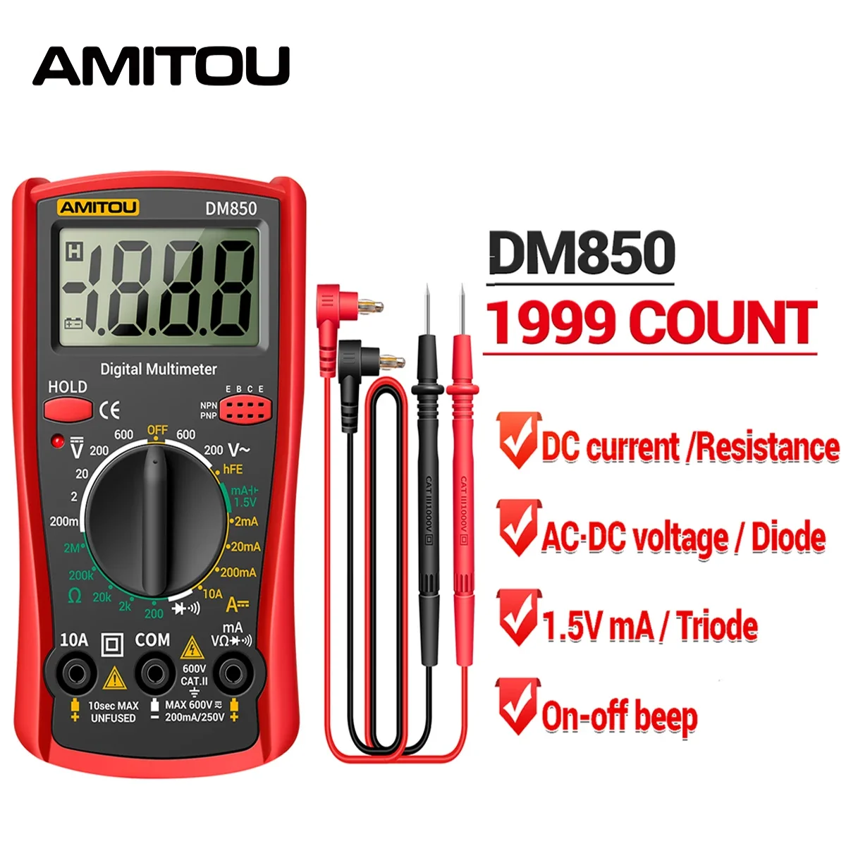 

AMITOU DM850 1999 Counts Digital Professional Multimeter AC/DC Voltage Testers Current Meters Ohm Diode Triode Detector Tools