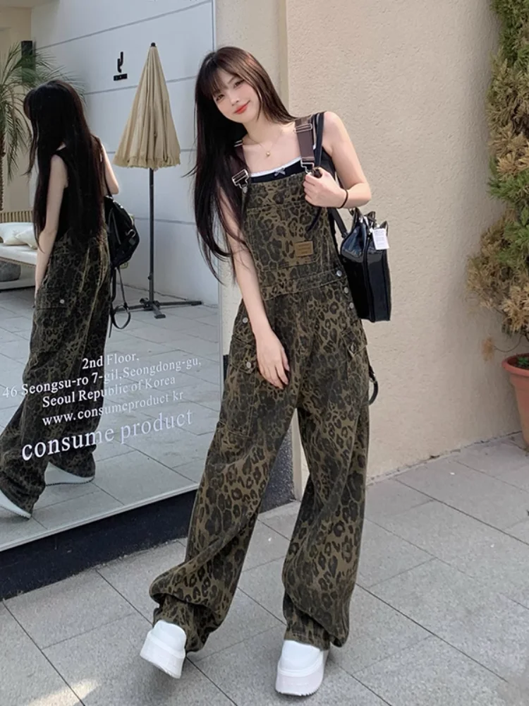 

Vintage Leopard Jumpsuits for Women Button Fly High-waist Wide Legs Pants Korean High Street Full Length Jumpsuit