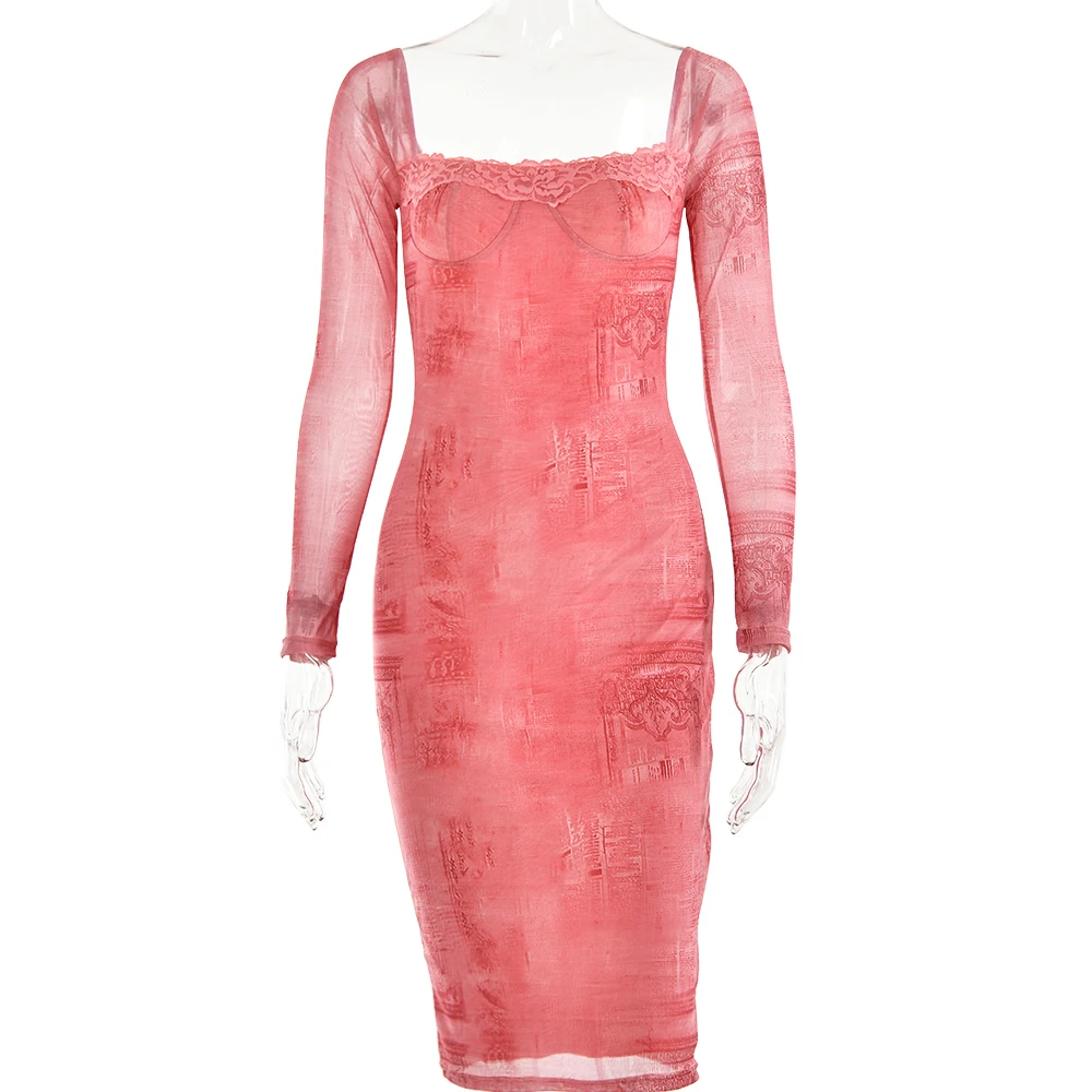 -Long Sleeve Printed Dress for Women, Bodycon Lace Midi Dress, Elegant Party Evening Dress, Square Neck, Autumn,