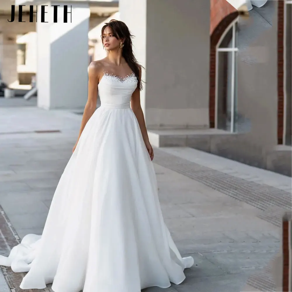 JEHETH Elegant A Line Sleeveless Wedding Dress 2024 Romantic Backless Satin Bridal Gown Back Zipper Vestido De Noiva Custom Made
