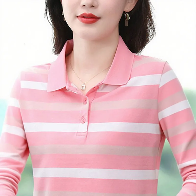 Polo a Righe alla Moda a Maniche Lunghe in Misto Cotone, Stile Versatile e Snellente per Donne di Mezza Età, Casual e Confortevole - immagine 5