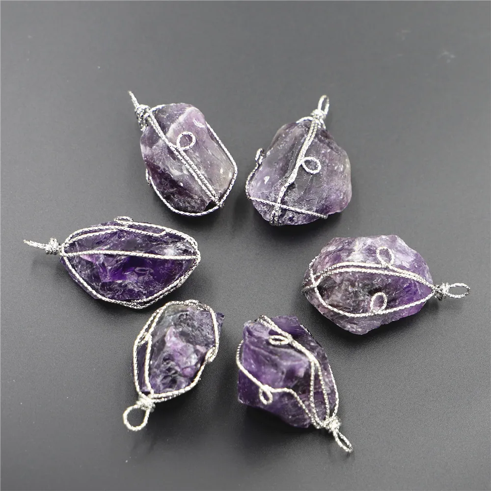 New Natural Stone Raw Ore Wire Wrapped Irregular Amethysts Pendants Chakras Reiki  for Women Jewelry Making 6Pcs/Lots Wholesale