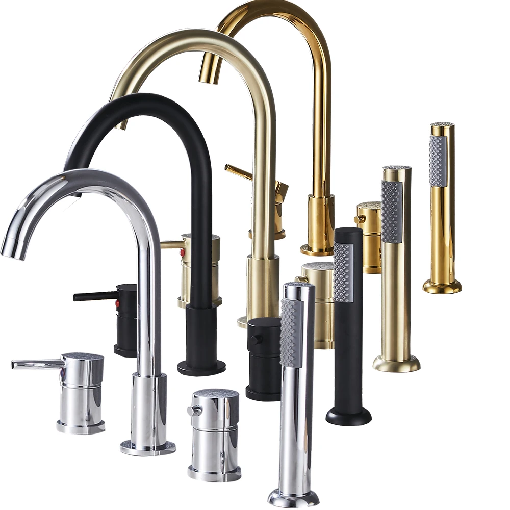 Deck Mount Bathroom Bathtub Faucet Set with Handheld Shower Tub Faucet Hot and Cold Water Mixer Bath Faucet Gold Bathtub Tap 2