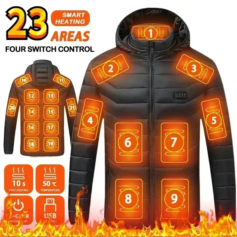 Men's Winter USB Electric Parkas Smart Self-Heating Clothes Women's Camping Ski Down Cotton Padded Coat 23 Areas Heated Jacket down jacket mens jacket