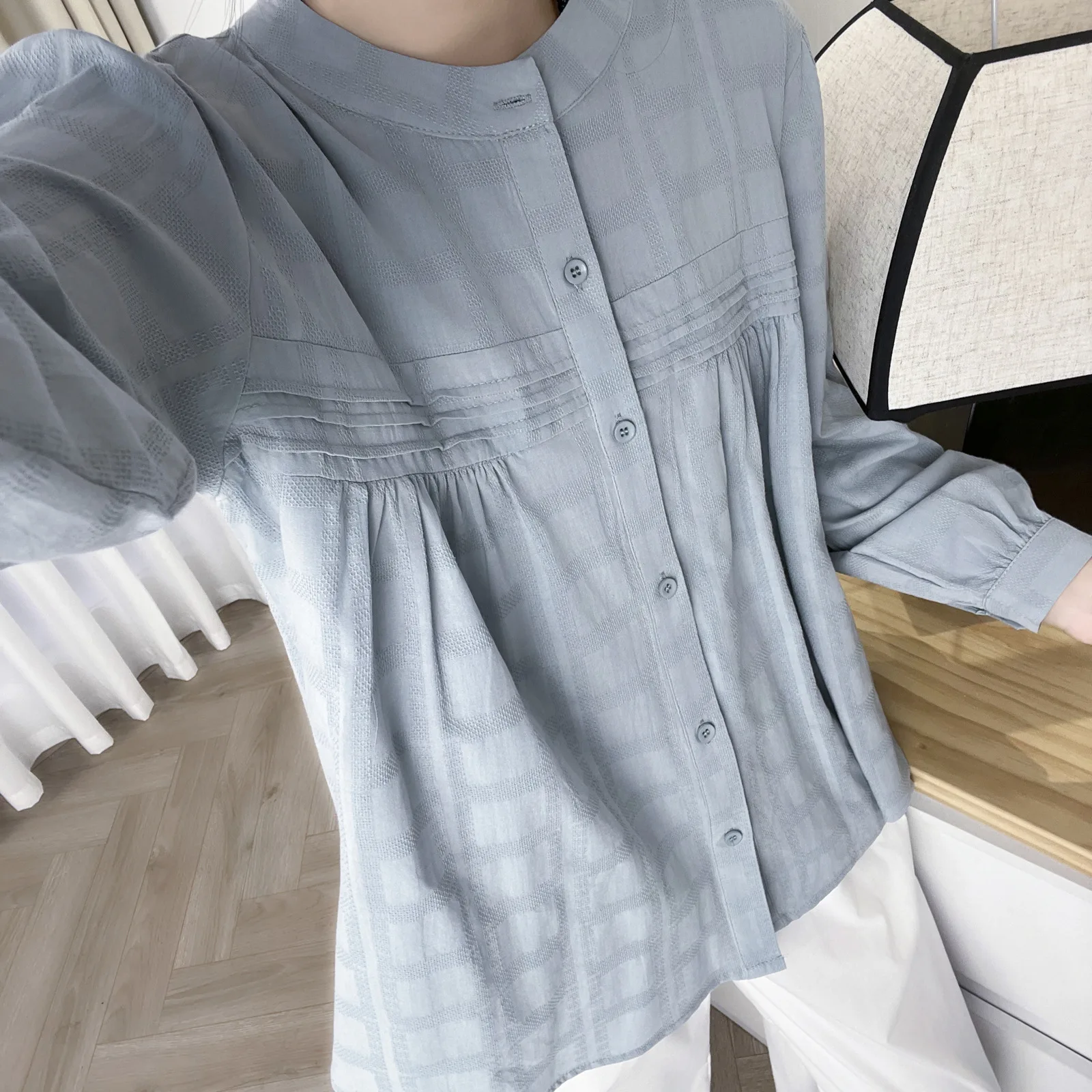 Fashion Plus Size Women's Blouses Autumn Simple Fold Jacquard Cotton Long Sleeve Shirt Casual O-Neck Tops 6186