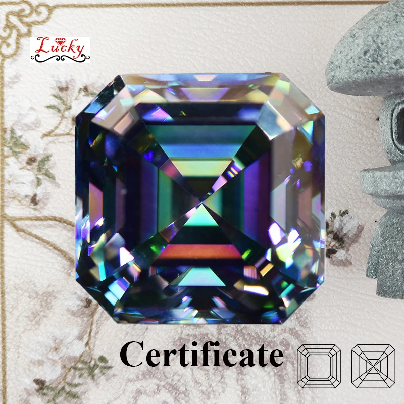 

Moissanite Asscher Shape Rainbow Green Color Top Quality Stone Charms for Jewelry Making Materials Necklace with GRA Certificate