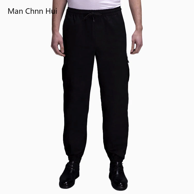 

Military Style Chef Pants Restaurant Kitchen Cook Trouser Men Black Elastic Waist Bottoms Catering Work Pants Multiple Pockets