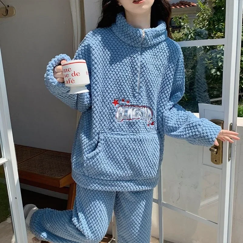 2024 New Coral Velvet Zippered Pajamas for Women Autumn Winter Thickened Plush Loungewear Warm Stand Collar Loose Homewear