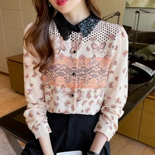 

Spring Long-sleeved Doll-collar Chiffon Shirt Women's Tops Fashion Shirts Bottoming Floral Print Shirts Button Up Camisas Mujer