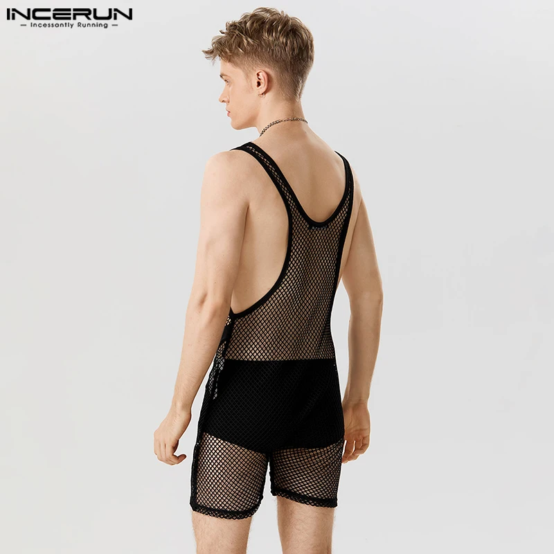 Stylish Hot Sale Men's Homewear INCERUN V-neck See-through Mesh Jumpsuit Sexy Fashion Male Thin Sleeveless Bodysuits S-5XL 2023