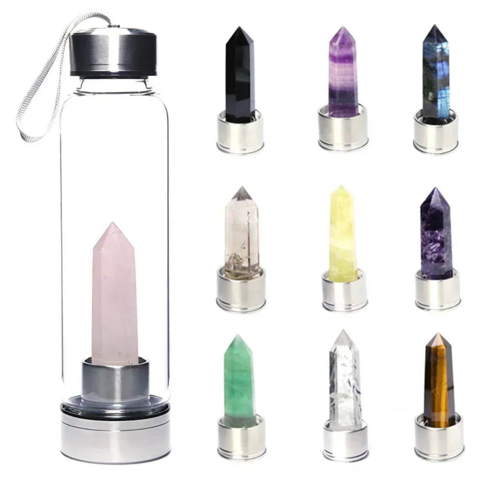 500ml Natural Crystal Glass Cup Water Bottle Stainle Steel Cup Healing Obelisk Wand Elixir Quartz Wand Heals Energy Chakra
