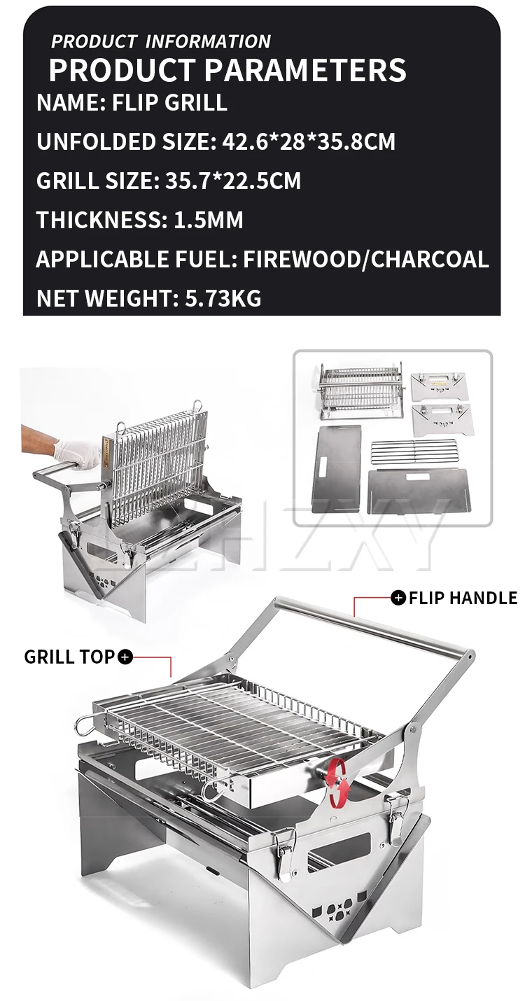 Description Picture 5 of itemFlip grill BBQ Grill Camping Turnover The Top BBQ Grid Could Over Turn 360° Through The Handle Charcoal Stainless Steel Grill Fo