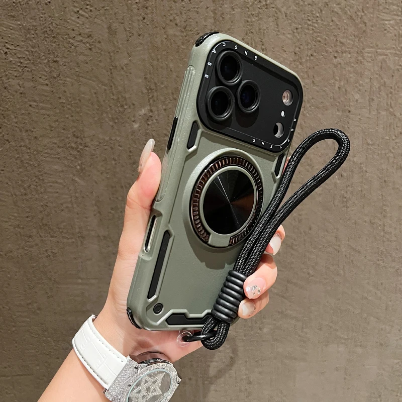 Armored Phone Case with 360° Rotating Metal Bracket and Lanyard - Soft TPU & Hard PC 3-in-1 Design