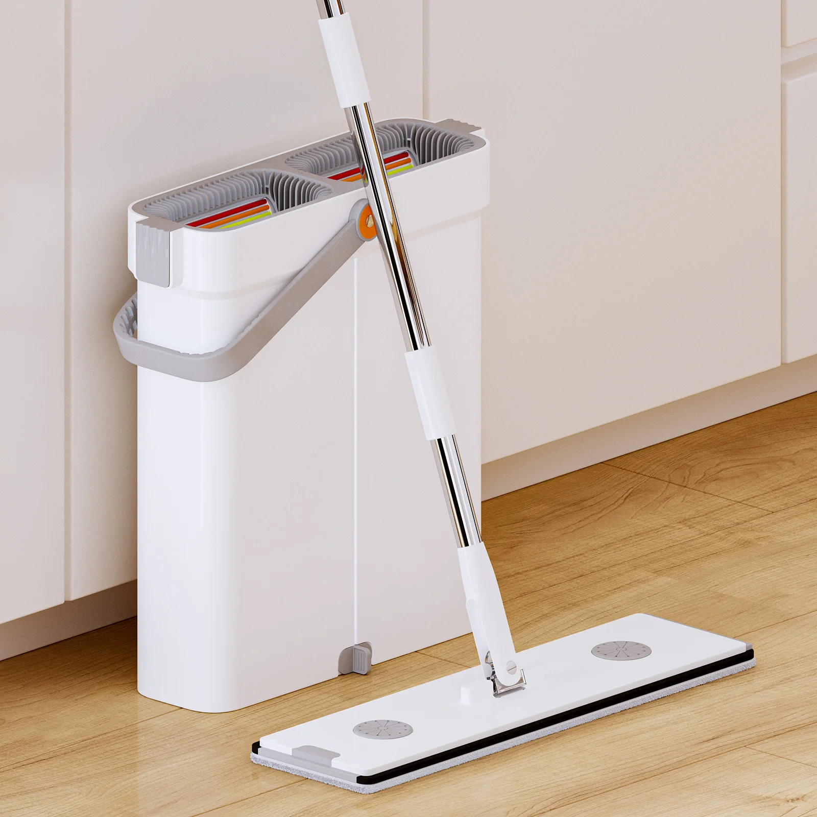 

16'' Large Flat Mop and Narrow Bucket with 2 Microfiber Pads Mop with Bucket and Squeeze Hand Free Wet Dry Use Mops Floor Clean