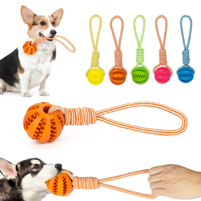   밧줄이 달린 애완 동물 치료 공, 상호 작용하는 개 고무 누출 공 장난감, 작은 대형 개용 씹기 물기 방지 장난감, 애완 동물 용품 