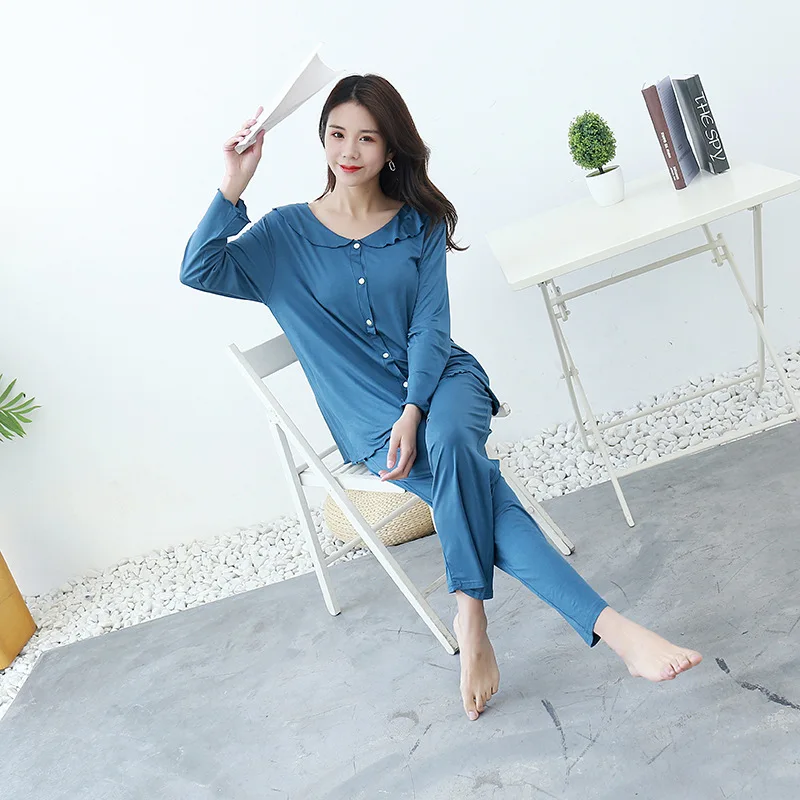 

Modal Pajamas Home Clothes Women Spring Autumn Lotus Leaf Lapel Long Sleeves Cardigan Leisure Set Loungewear Sleepwear nightwear