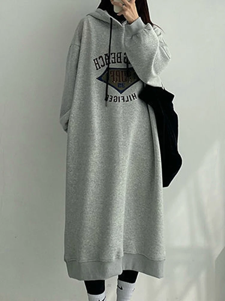 

Long Dresses Women Autumn Winter Hoodie Dress Female Oversized Fashion Fleece Dresses Lady Vintage Letter Print Drawstring Dress