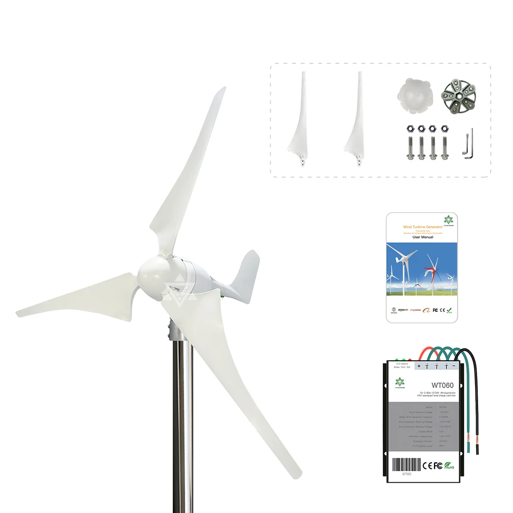 400w Small Wind Turbine Generator 2m/s Low Start Speed AC12v 24v With MPPT Controller Flexibly Assemble 3 or 5 Blades With LED