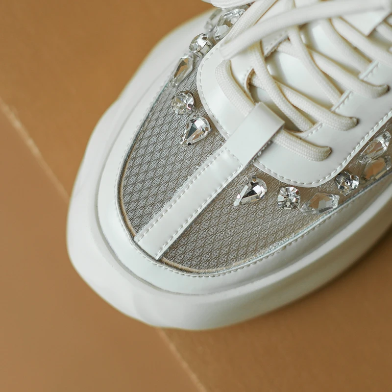 Women's New Spring/Summer Round Head Genuine Leather with Diamond Mesh Thick Sole Breathable Lace up High Heel Sports Shoes