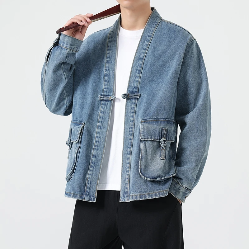 Fashion Men Denim Jacket Cotton Kimono Haori Japanese Pocket Cardigan Coat Vintage Traditional Asian Jackets Clothing
