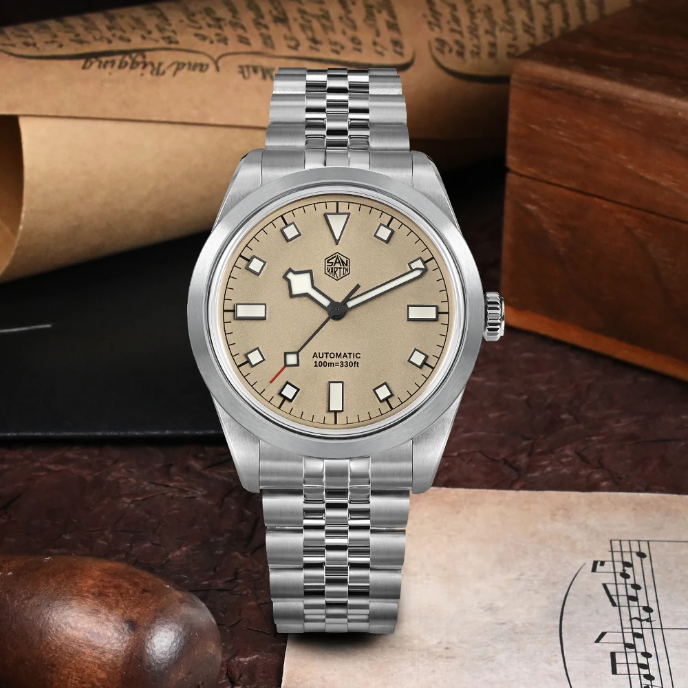 

San Martin Vintage Classic Enamel Dial Luxury PT5000 Men Sport Watch Explore Climbing Automatic Mechanical Sapphire 10Bar BGW-9