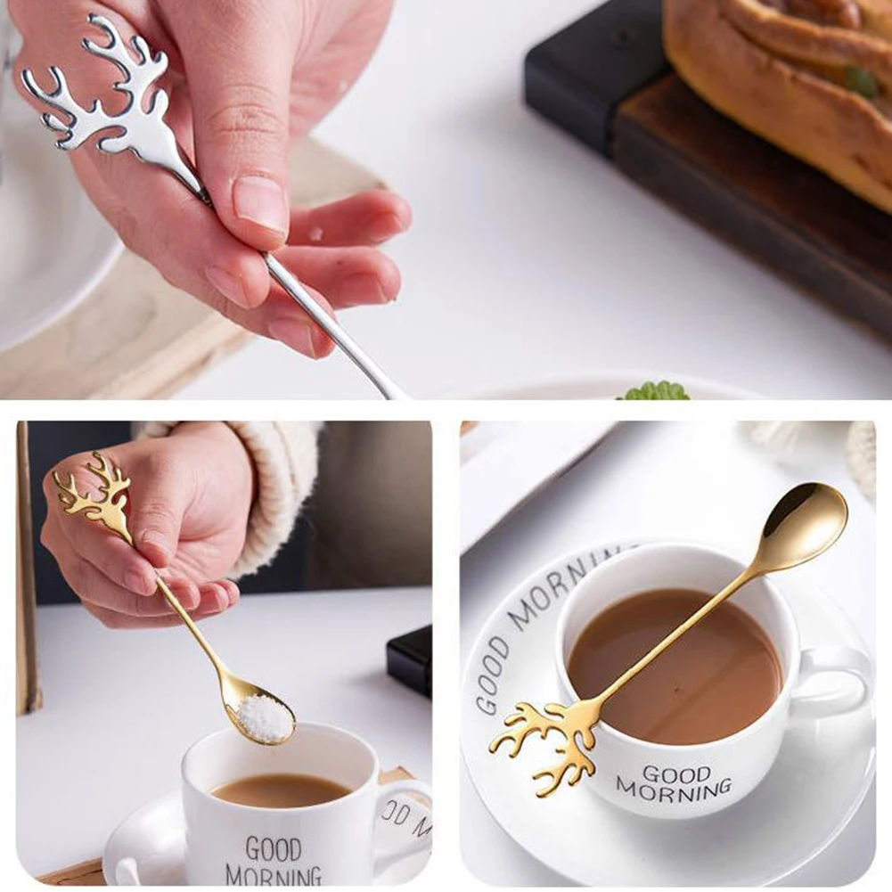 Spoon Coffee Spoon 14x2.5cm Deer Head Fawn Gold Mug Rose Gold Silver Stirring Black Coffee