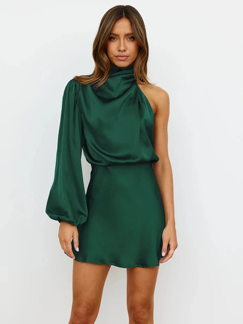 Satin One Shoulder Long Sleeve Mini Dress 39