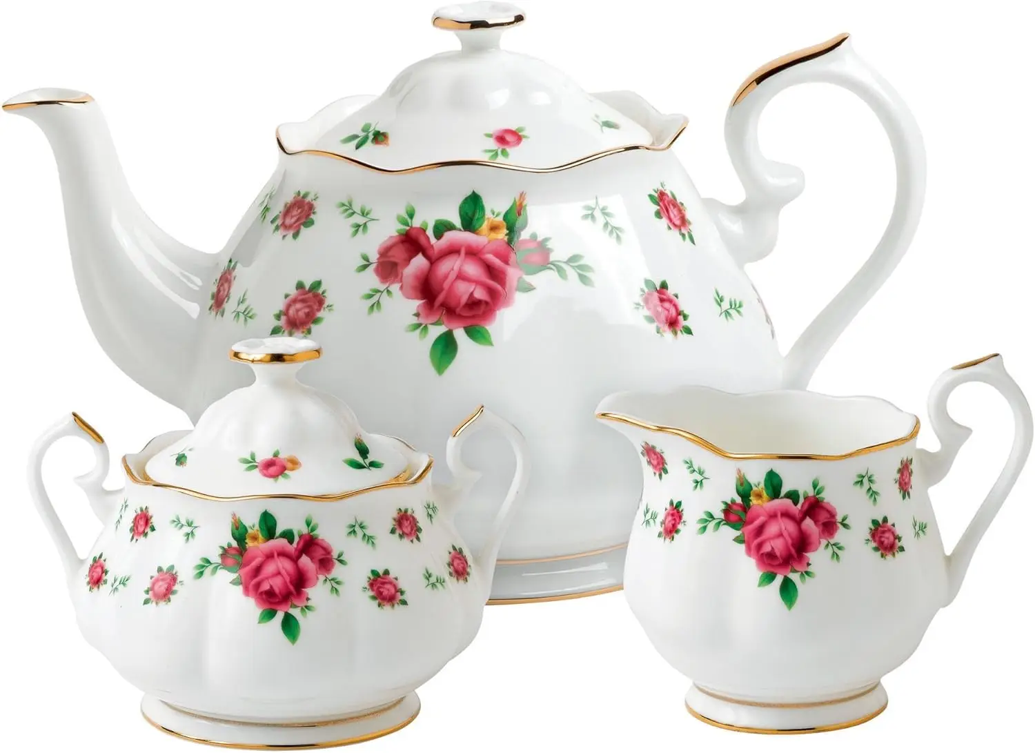 Roses 3-Piece (Teapot, Sugar & Creamer) Tea Set, White/Pink