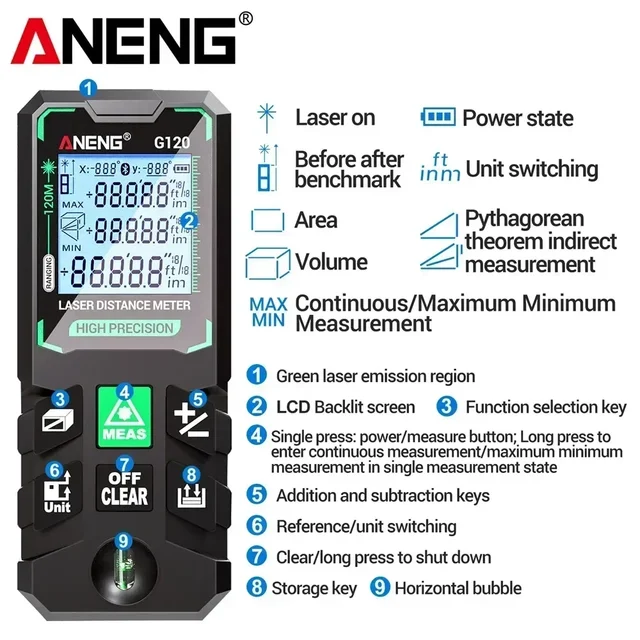 ANENG G50/G70/G100/G120 Smart High-precision Laser Rangefinder 30 Set of Data Storage Autonomous Calibration Multi-function Tool 5