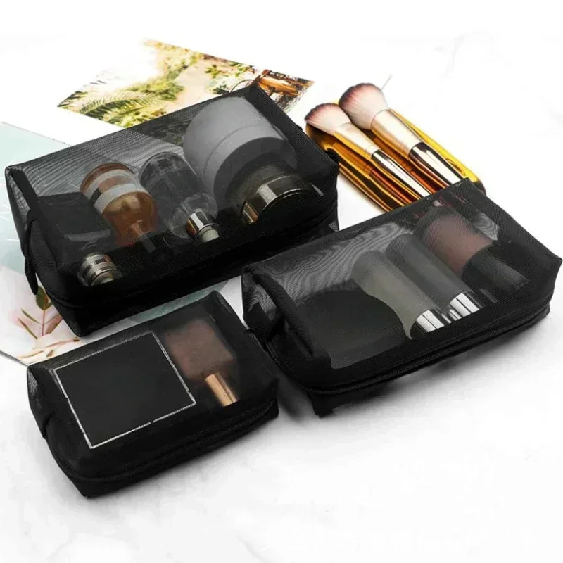 1pcs Transparent Mesh Zipper Cosmetic Bag Women Necessary Organizer Fashion Small Large Black Toiletry Bags Makeup Pouch Case 6