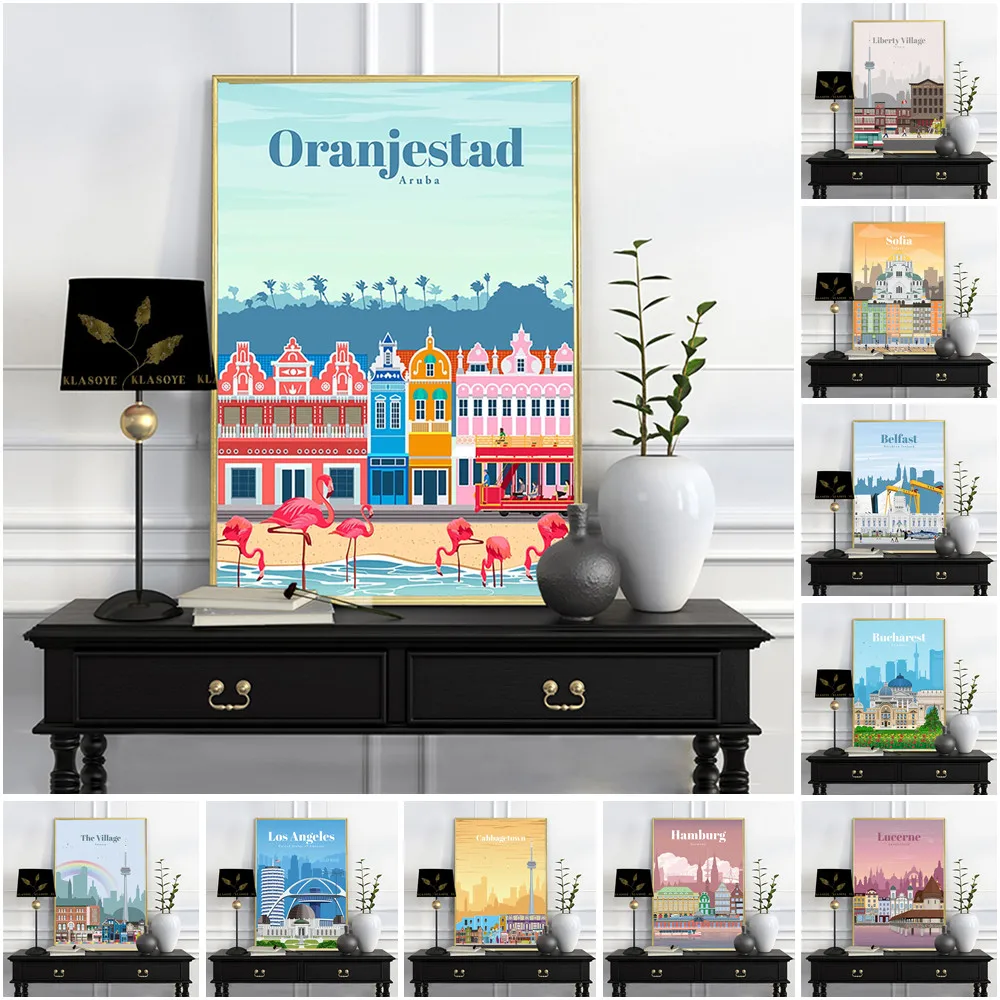 

Travel City Cartoon Scenery Print Art Poster Landscape Modern Canvas Painting Wall Picture Home Decor