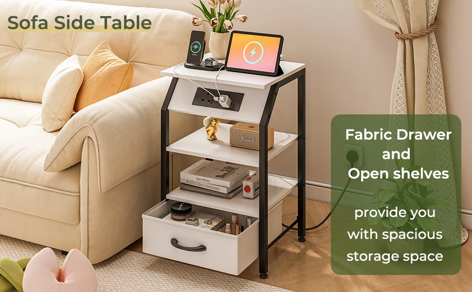 The Sofa Side Table has Fabric Drawer and Open Shelves