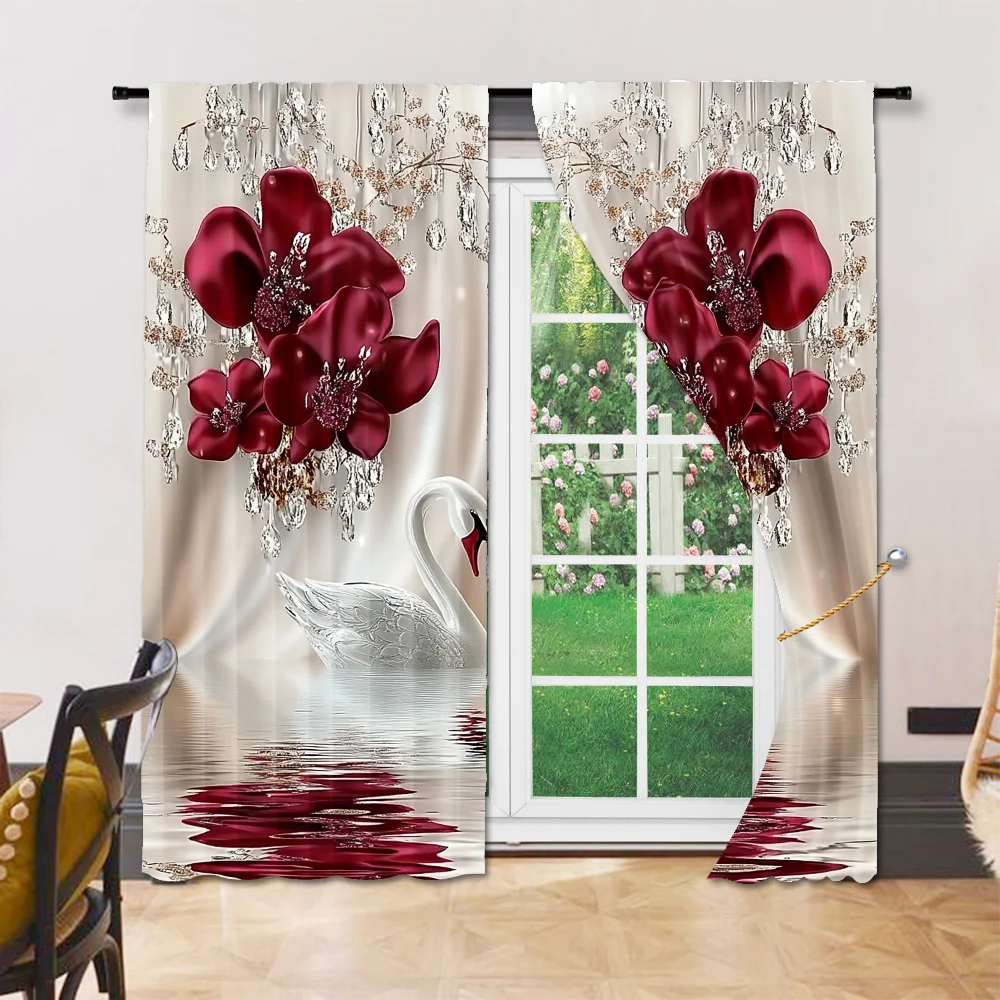 2Pcs Digital Printed Rod Pocket Window Curtain Swan Flower Pattern Window Drapes For Bedroom Living Room Home Decor Design For 6