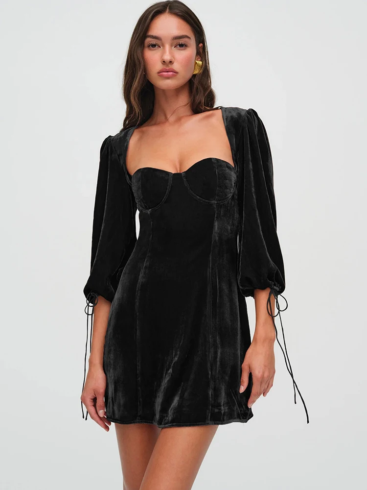 JULISSA MO Sexy Backless Lace Up Women Dress Black Long Sleeve Square Collar Dress Female Winter Slim Elegant Party Club Outfit